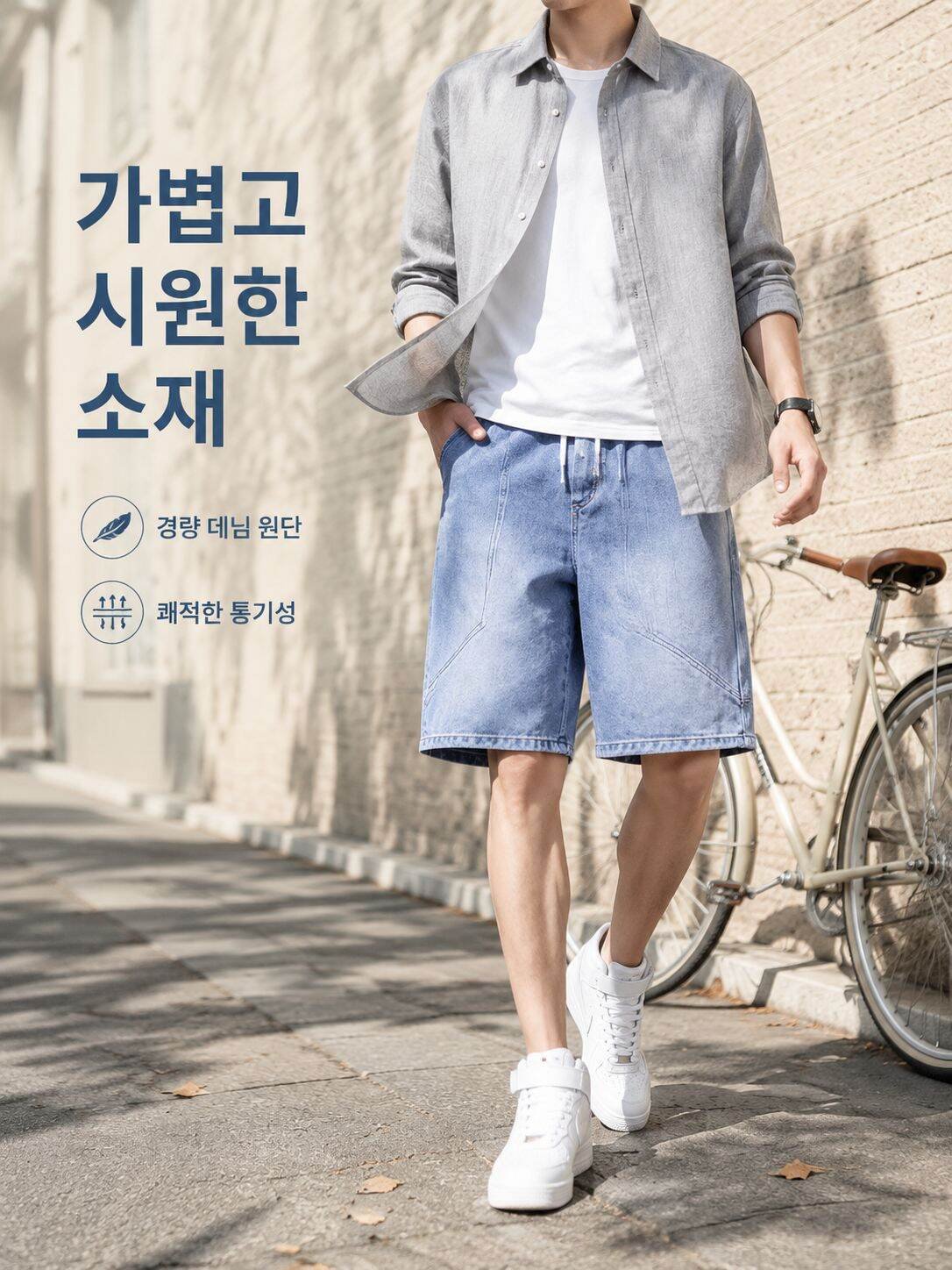 남성용 여름 빈티지 캐주얼 와이드 핏 패션 5부 밴딩 데님 반바지