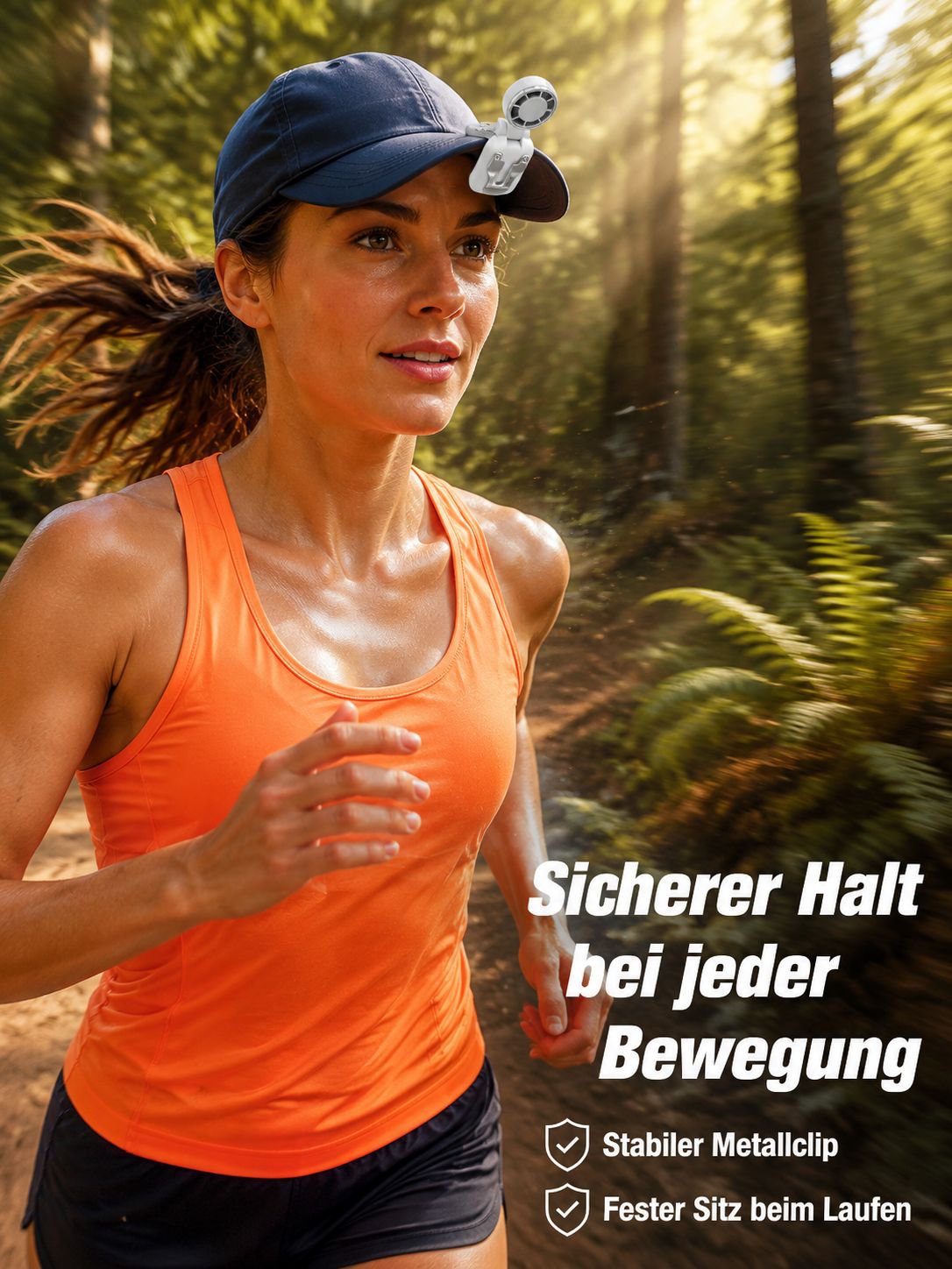 USB-aufladbarer Mini-Ventilator am Hut befestigt