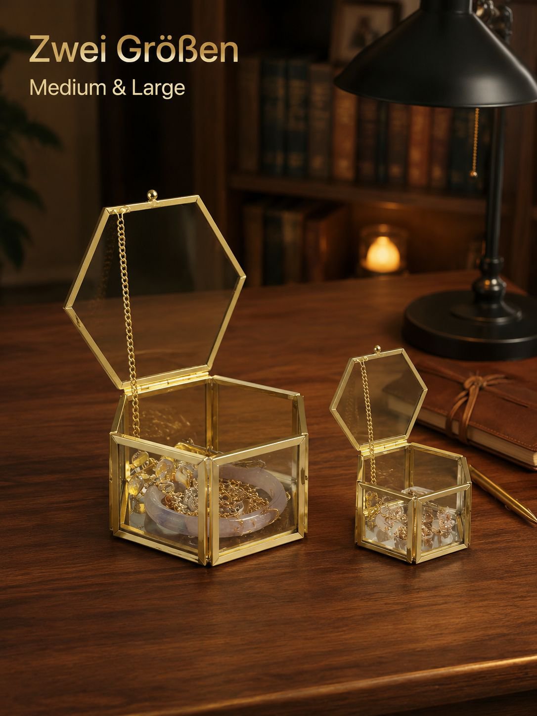 Luxuriöse vergoldete sechseckige Glas Schmuck- und Ringbox Aufbewahrungsbox