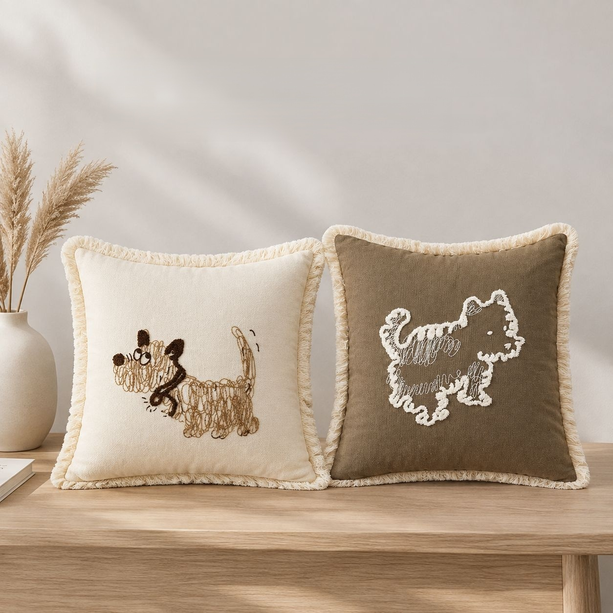 Hund-Kissenhülle aus Baumwolle Canvas mit Frottier-Stickerei