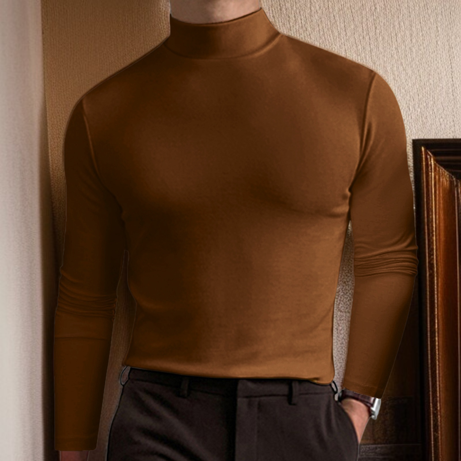 Men's solid color high neck long sleeved base shirt