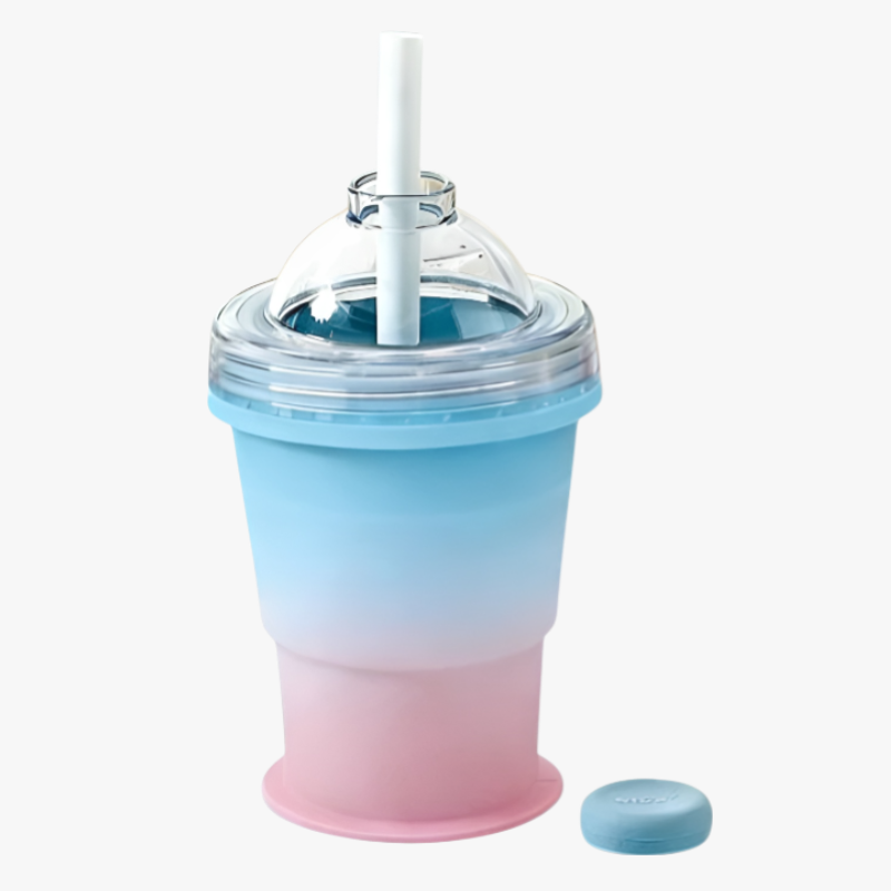 持ち運び可能な折りたたみ式アイスホッケーカップ。ストロー内蔵、食品グレードのシリコン製製氷カップ型付き。夏のアウトドアに最適です。