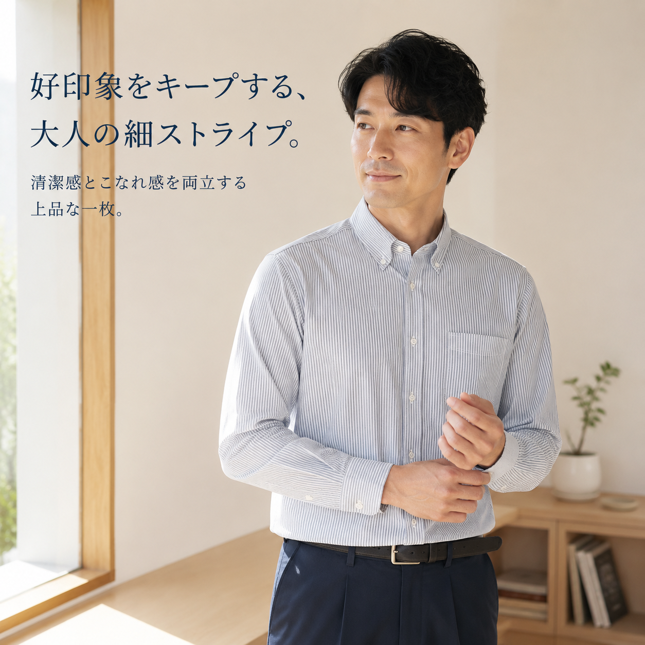 メンズ細ストライプカジュアル長袖シャツ