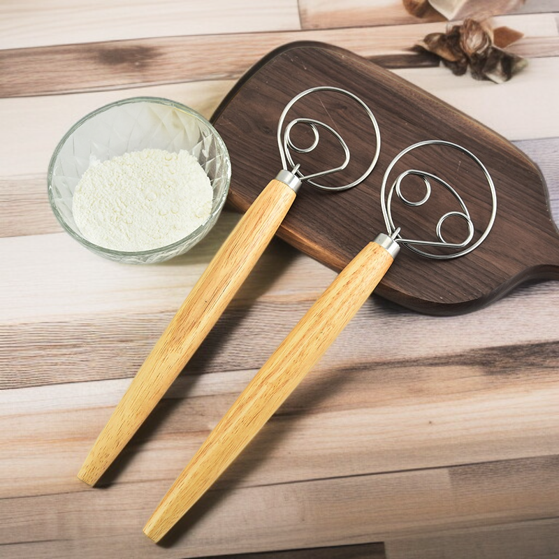 Wooden Handle Manual Whisk Baking Frother Flour Mixer Baking Tool