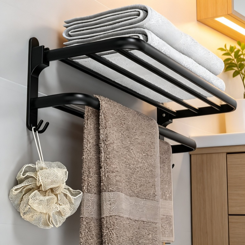 太空鋁浴室壁掛式折疊收納架 免打孔毛巾架置物架