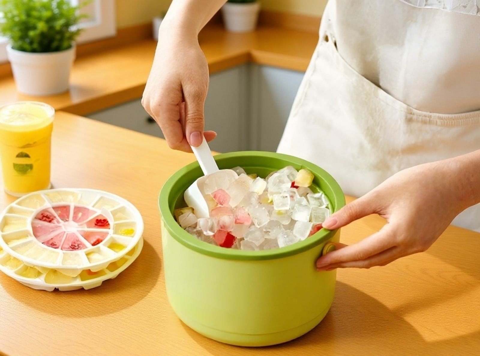 Cubo de hielo portátil utilizado en fiesta al aire libre
