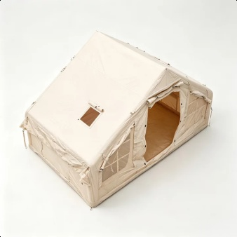 Inflatable camping tent set up in a scenic outdoor location