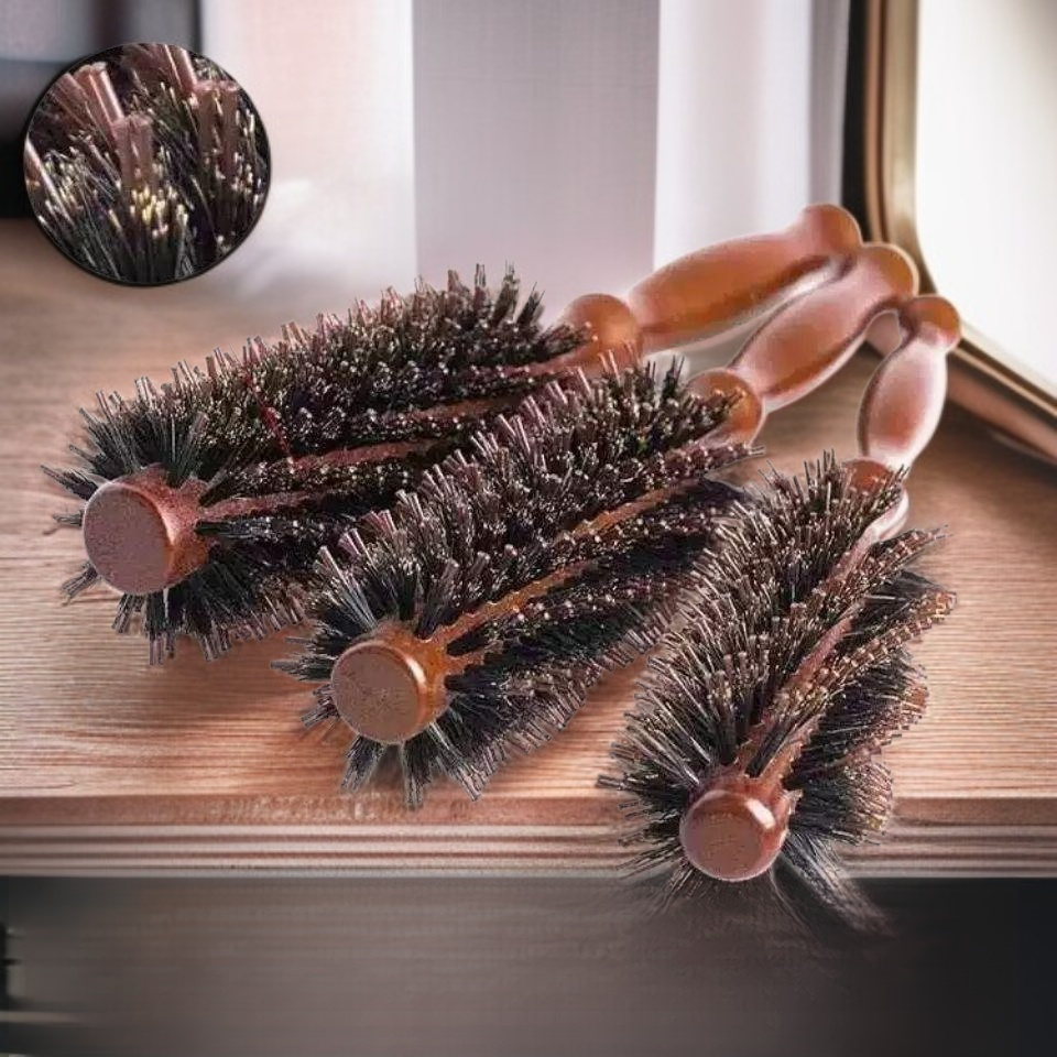 Haarrundbürste mit Wildschweinborsten, Stylingbürste zum Föhnen, Innenwellen und Volumen