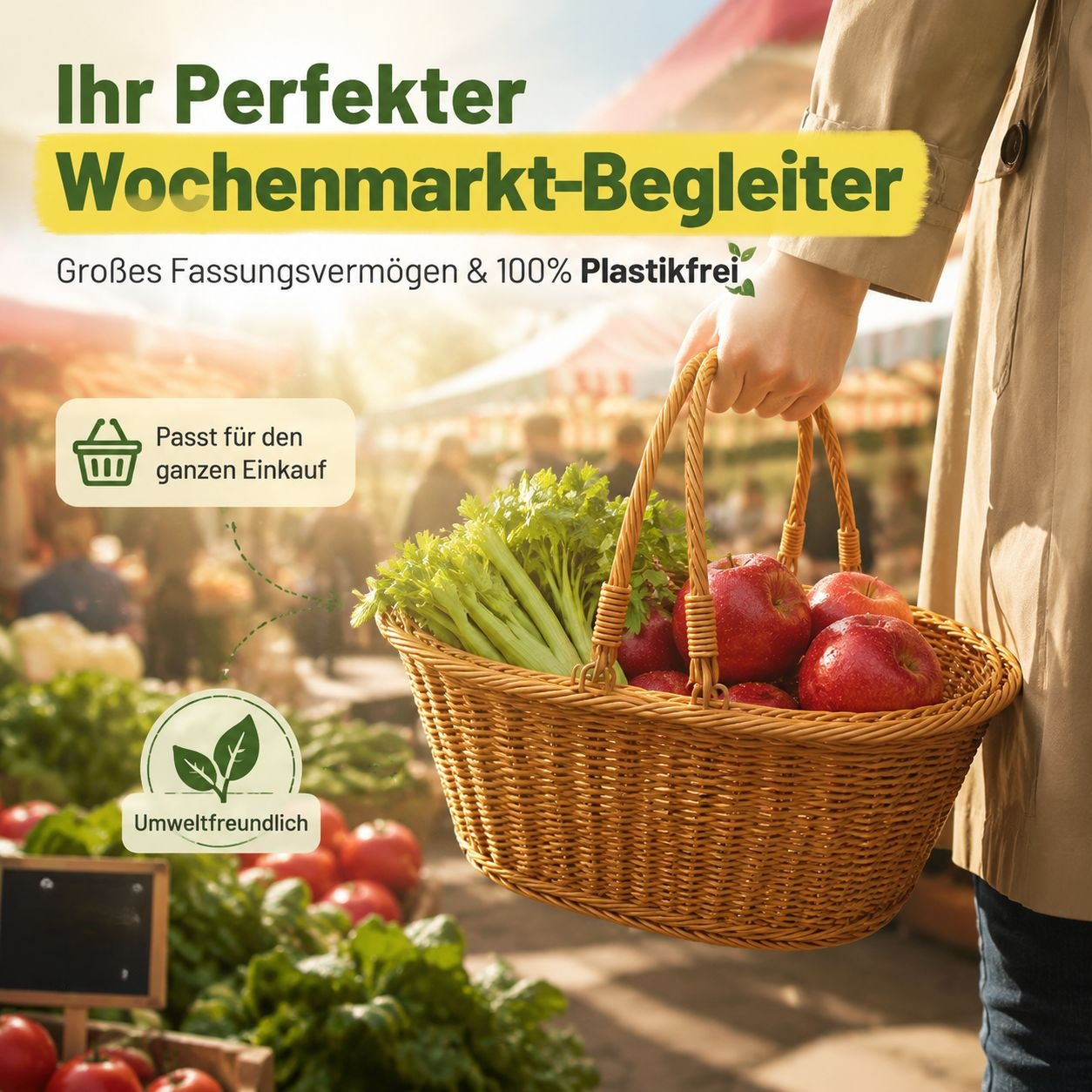 Ovaler handgeflochtener Aufbewahrungskorb, tragbarer Gemüsekorb