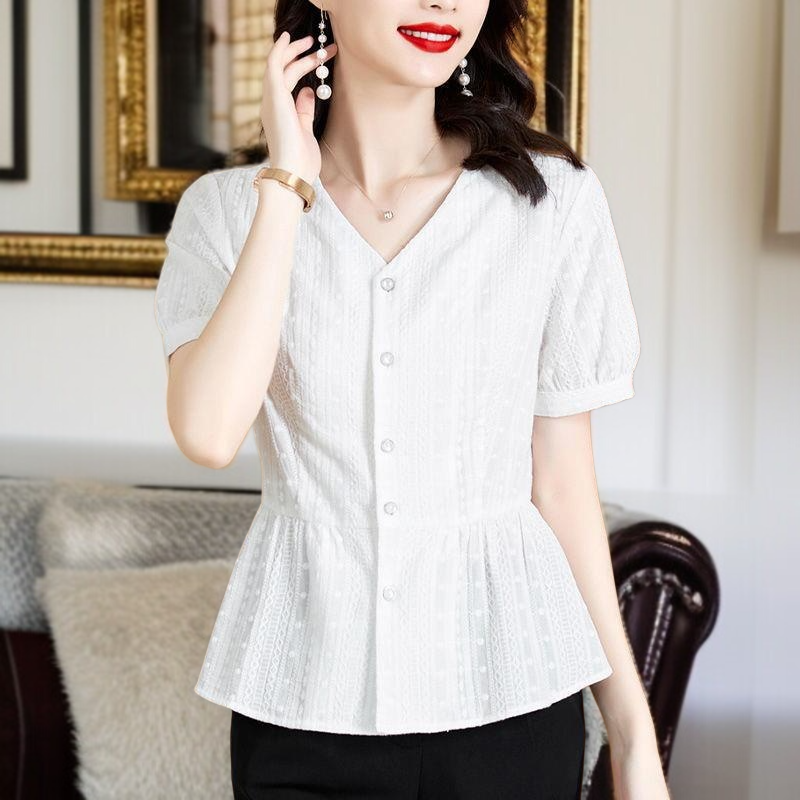 여름 신상 패셔너블하게 배를 가리는 중년 엄마 허리띠를 줄여 날씬해 보이는 블라우스녀