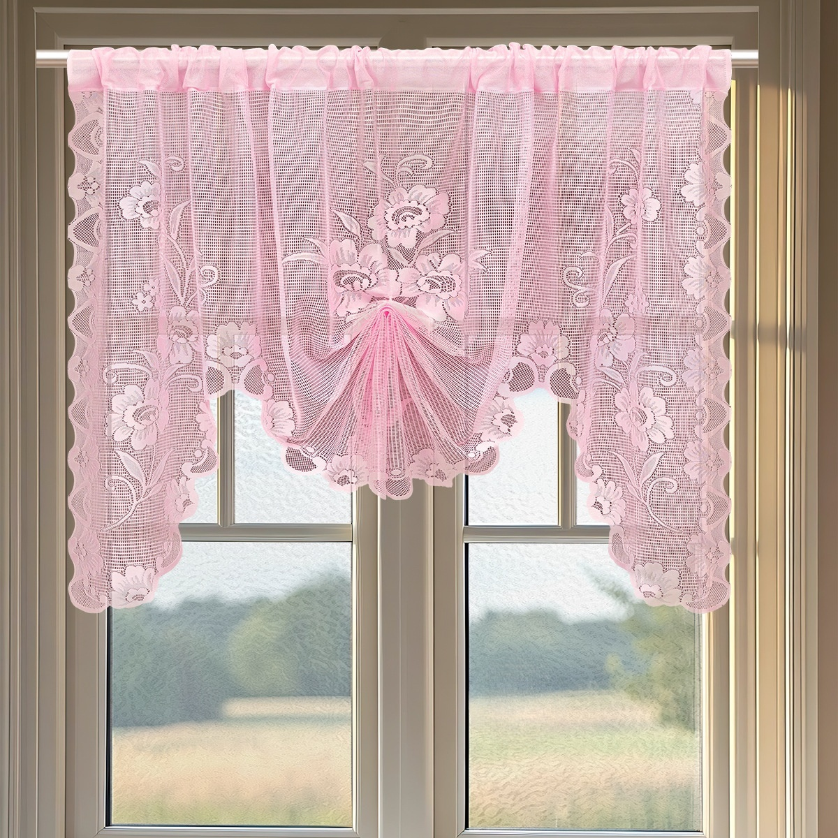 Cortina blanca de encaje con diseño de mariposa, estor enrollable de gasa tejida