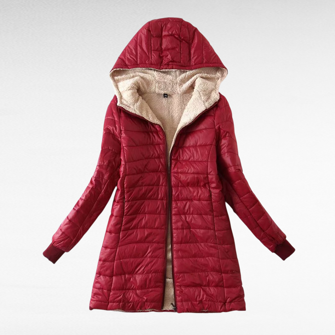 レディース厚手裏起毛フード付き中長コート スリム保温シープボア綿入りジャケット