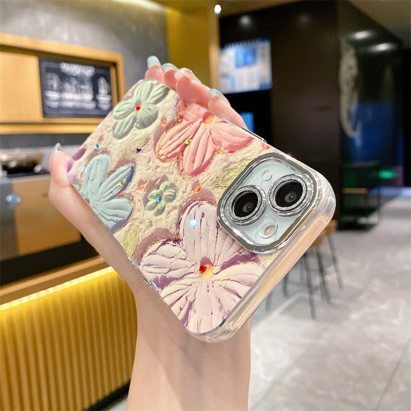 レンズ全面カバー ダイヤモンドフラワー アップル携帯ケース 女性向け