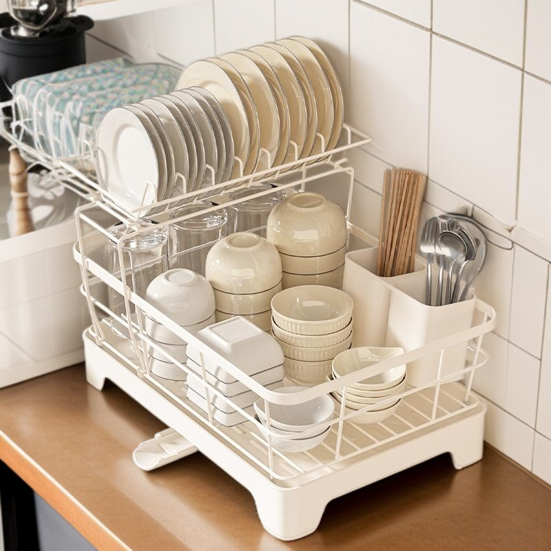 물빠짐 그릇 선반 가정용 탄소강 그릇 수납 선반 주방 선반 수저통 2단 그릇 선반 물빠짐 선반