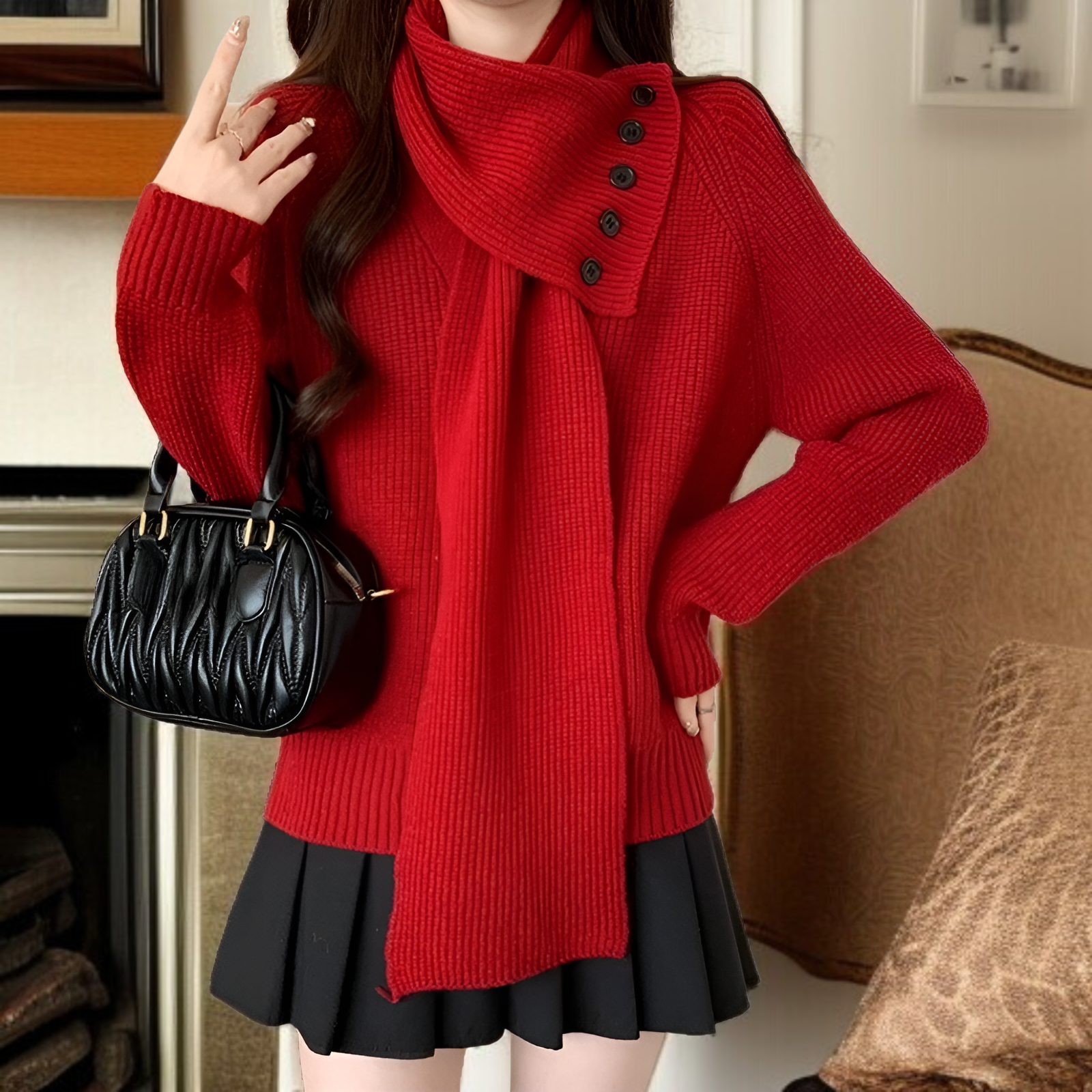 2025年新作 取り外し可能なスカーフ付きVネックセーター レディース 秋冬 ゆったりとしたハイエンドニットトップス