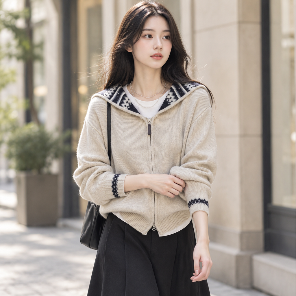 패션 스트라이프 투웨이 지퍼 여성용 긴팔 자켓