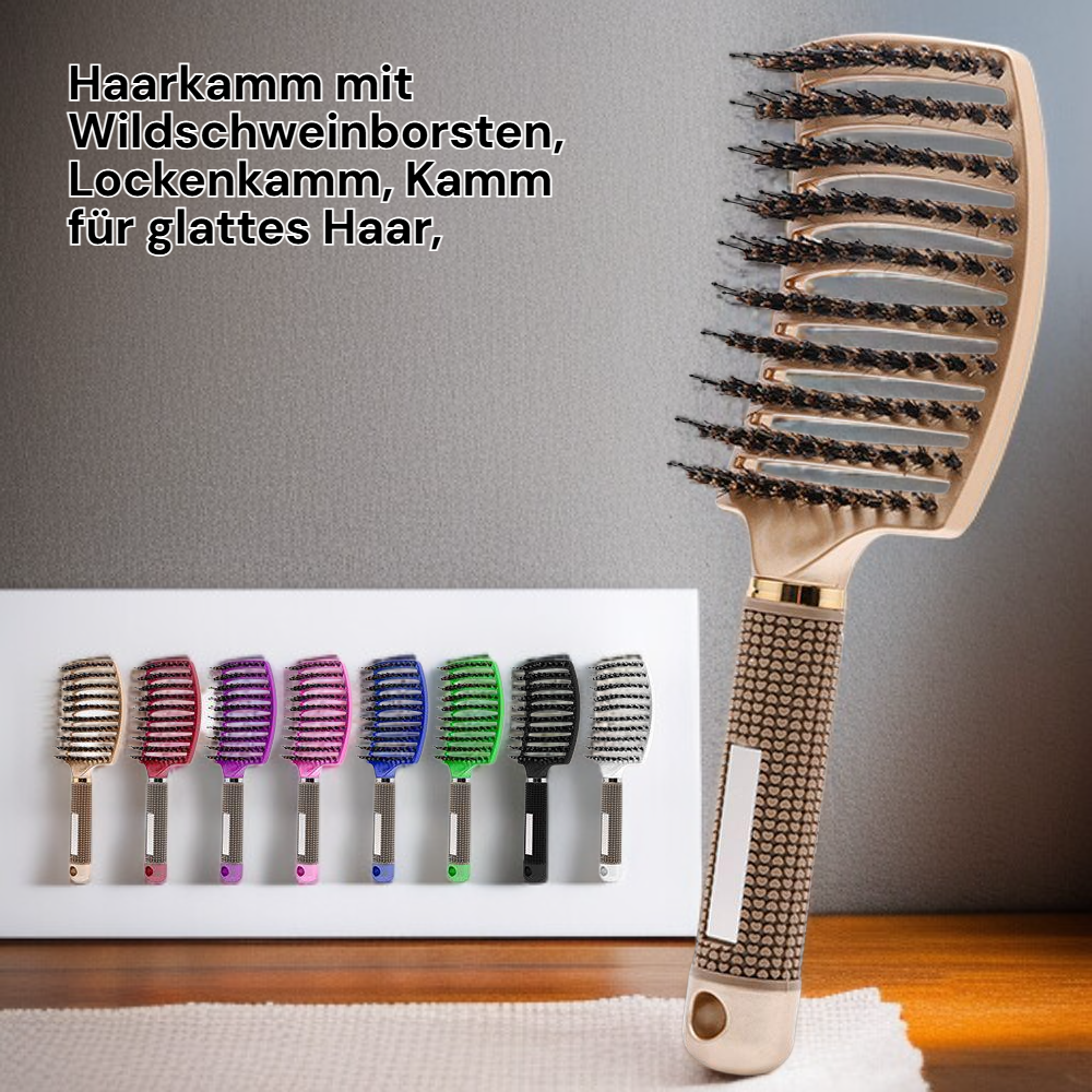 Lockenstyling-Bürste aus Wildschweinborsten, ergonomische Kopfmassagebürste, 9-reihiger Volumenkamm