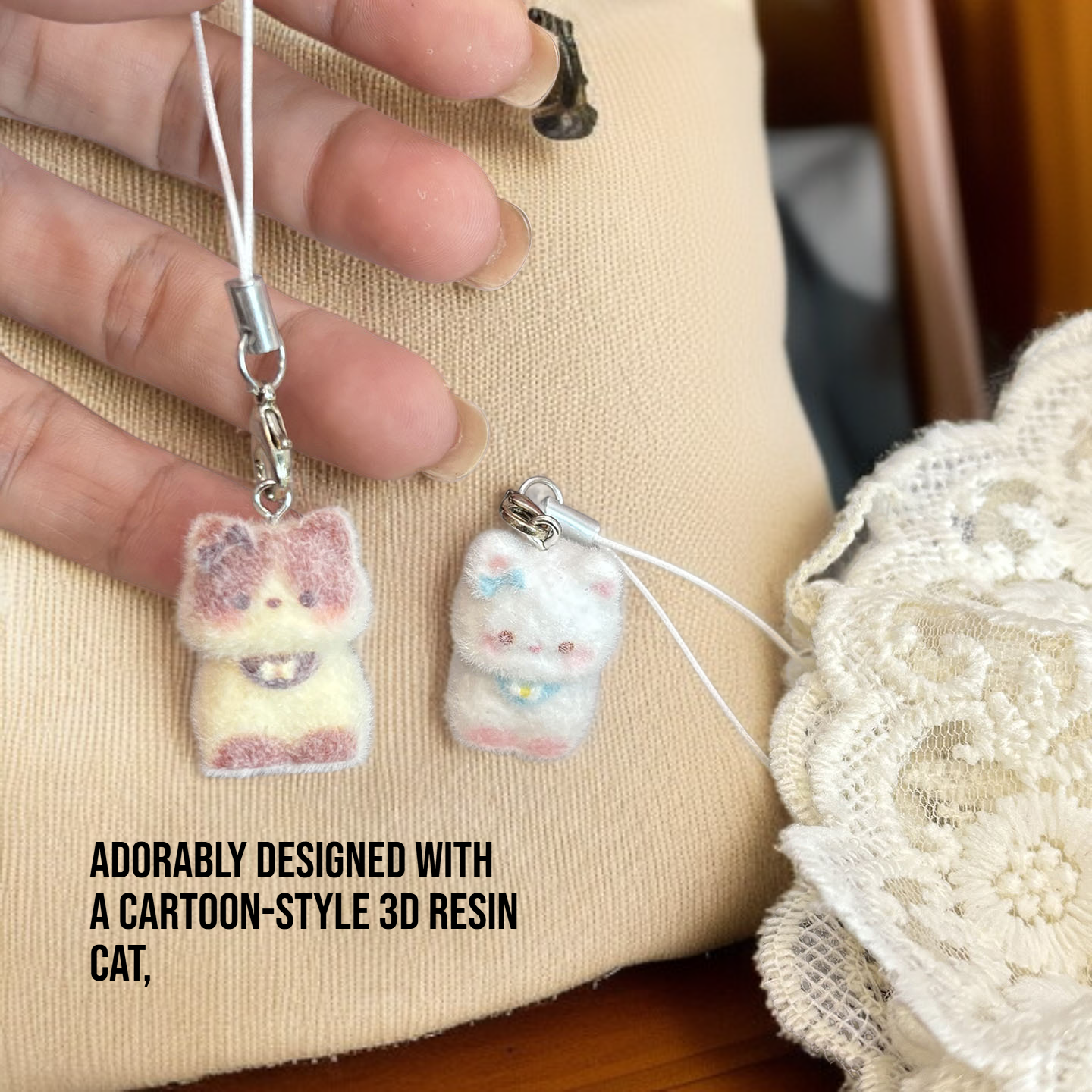  Cartoon Cute Flocking 3D Resin Cat Keychain