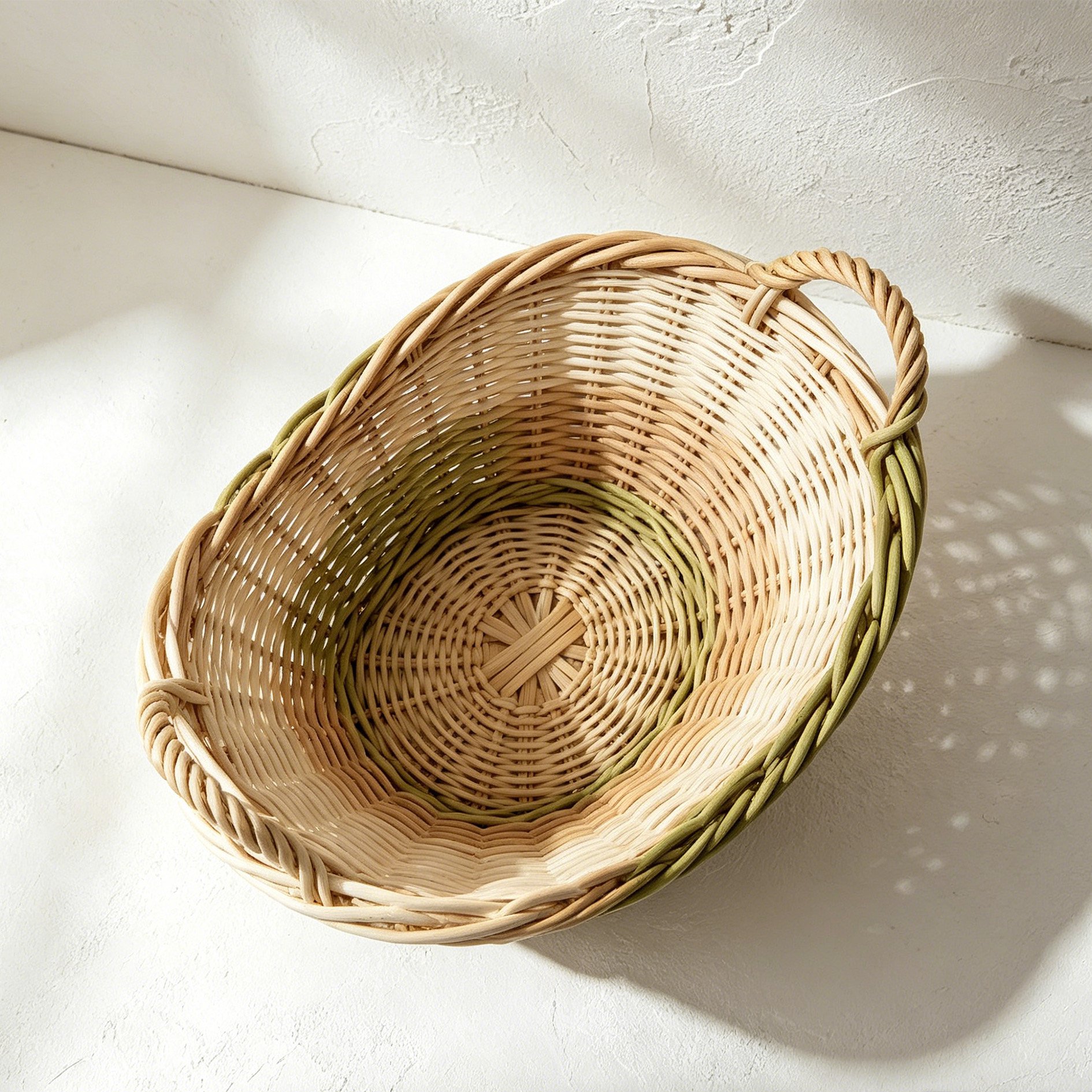 Close-up of natural rattan basket texture and weaving