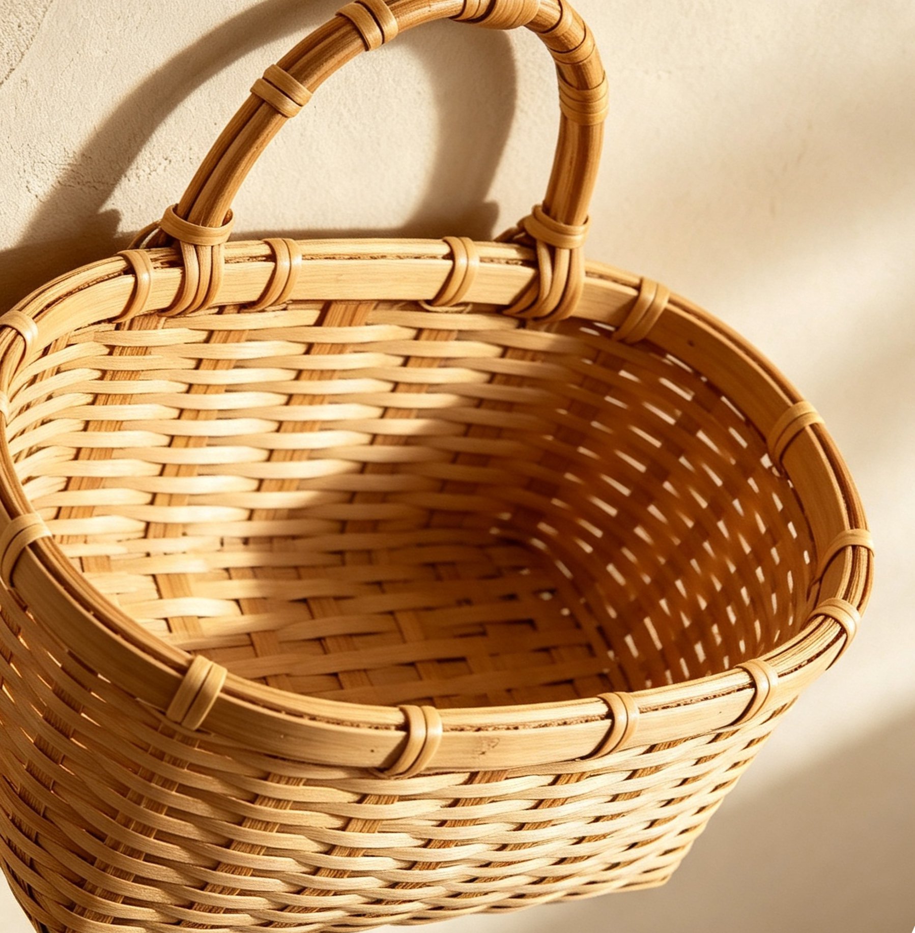 Bamboo baskets used as decorative wall storage for plants and books