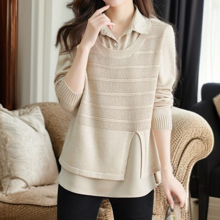 女士假兩件針織襯衫毛衣