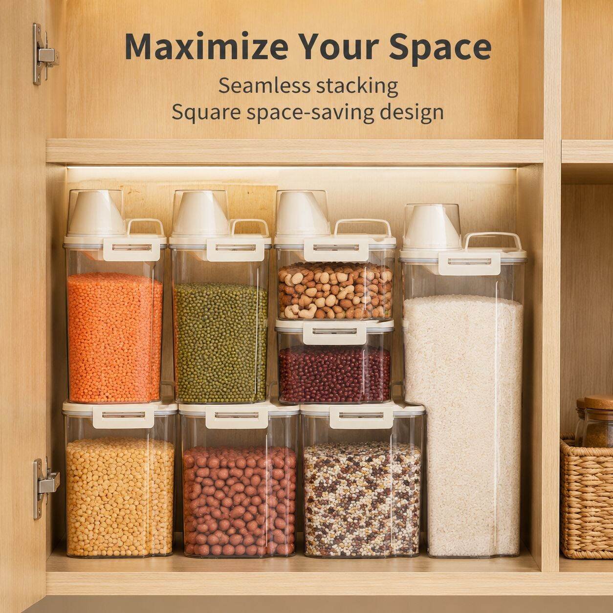 Square Food Storage Jar, Dry Goods & Grain Organizer, Moisture and Insect Resistant