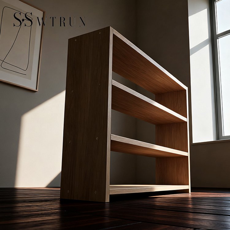 リビングに設置した無垢材3段収納棚