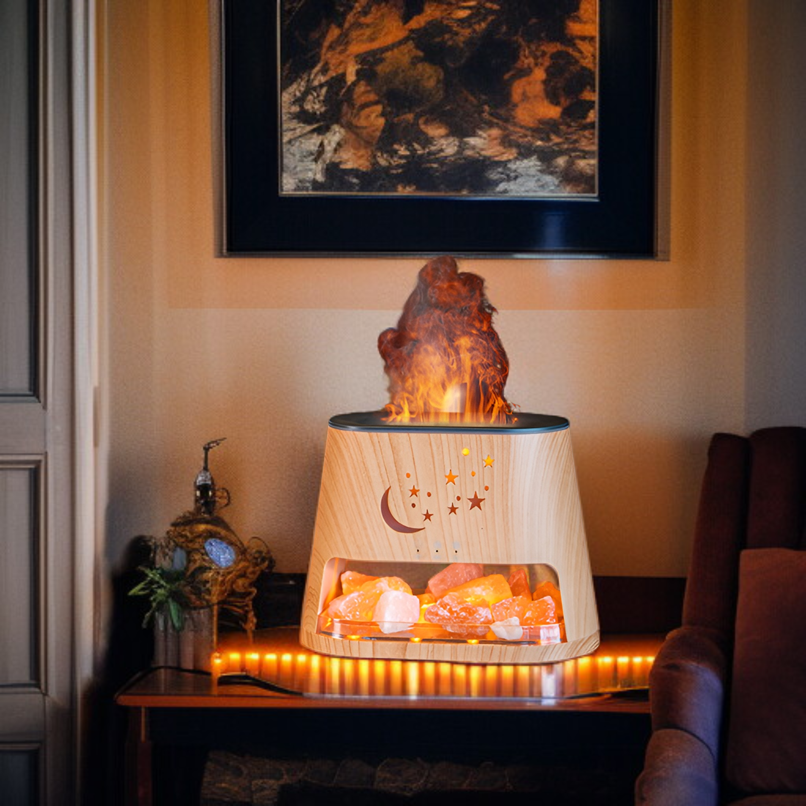 2025年新登場 天然ヒマラヤ岩塩炎アロマセラピーディフューザー 焚き火加湿器 超音波マイナスイオン リモコン付き 3段階調光 乾燥やけど防止 卓上USB大容量ミスト カラフルLEDライト付き エッセ