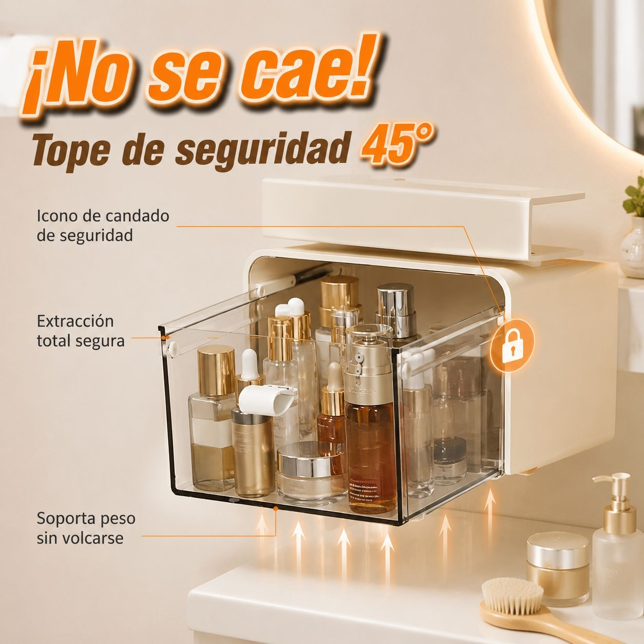 Cajón colgante sin taladrar, estante o gabinete con espejo para tocador