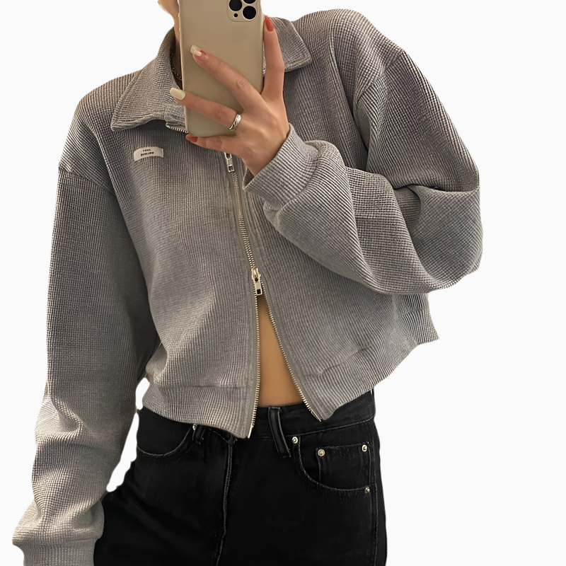 女性用ジッパー付きスポーツワッフルジャケット、春と秋のスタイル、万能カーディガン、学生向けの新しいスタイル、ショートトップス