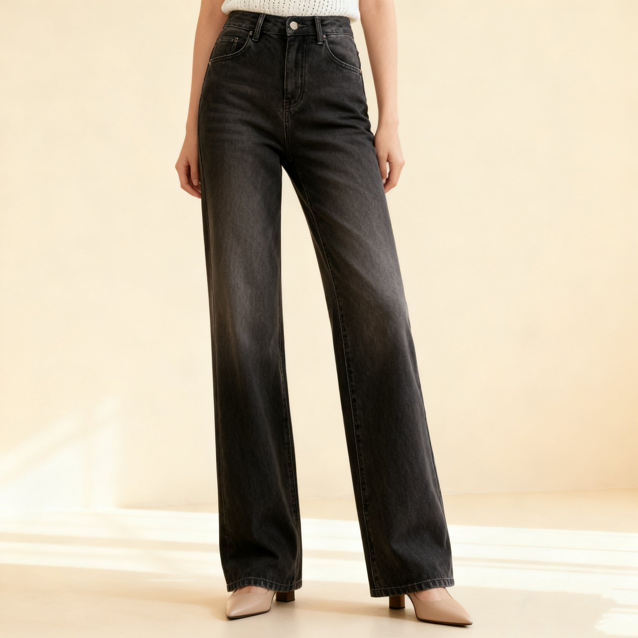 여성 클래식 블랙 루즈핏 하이웨이스트 청바지