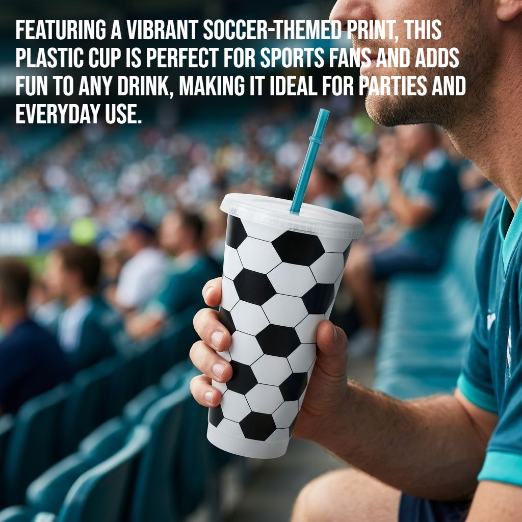 Soccer-print plastic cup with straw