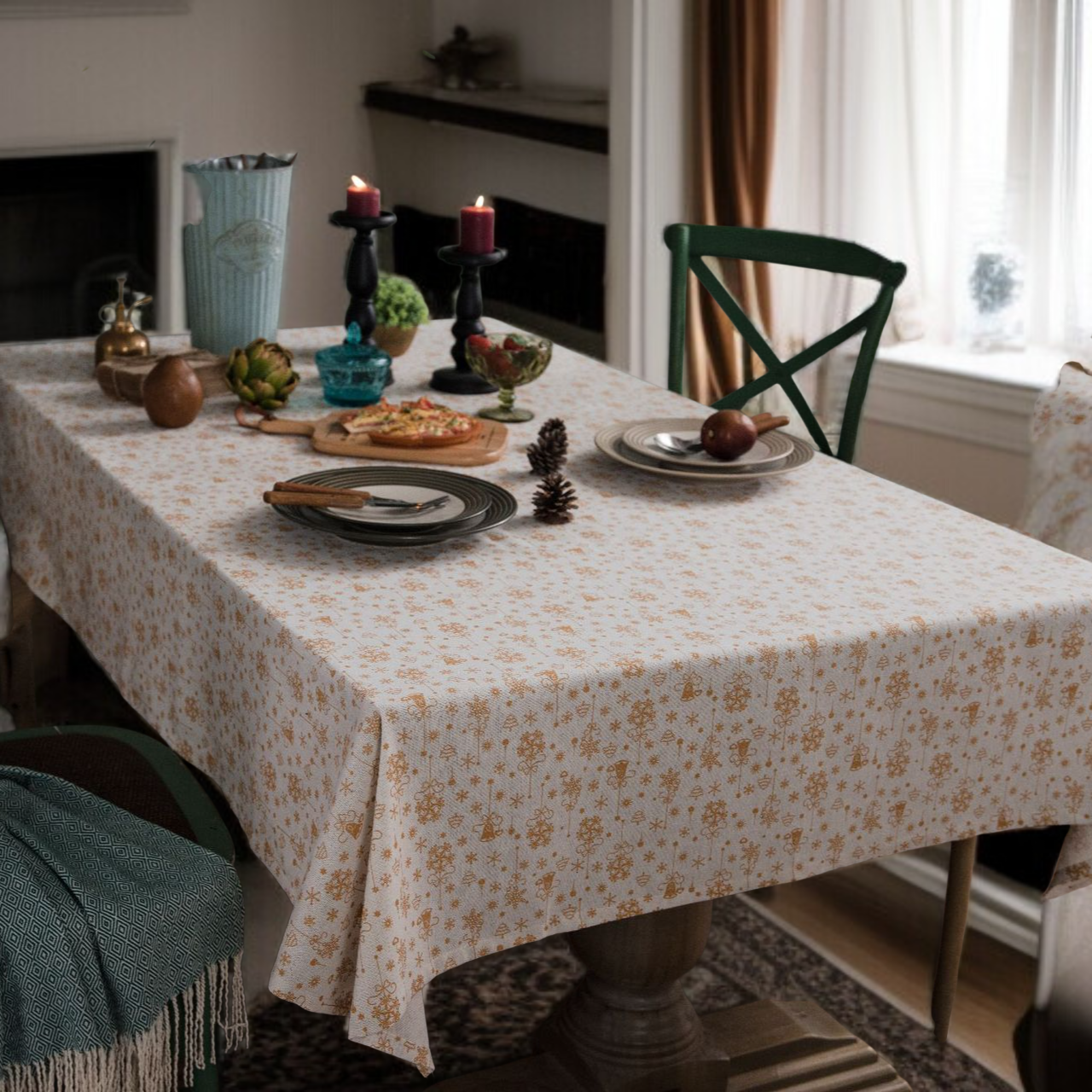 크리스마스 벨 눈송이 일본풍 면&린넨 테이블커버 프린트 직사각형