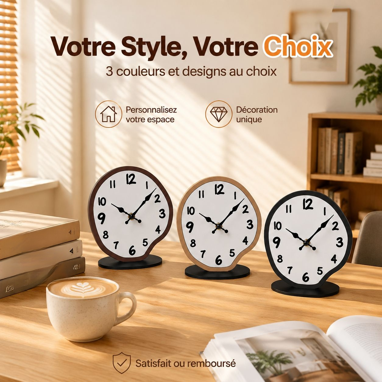 Horloge de bureau décorative en bois style nordique, silencieuse