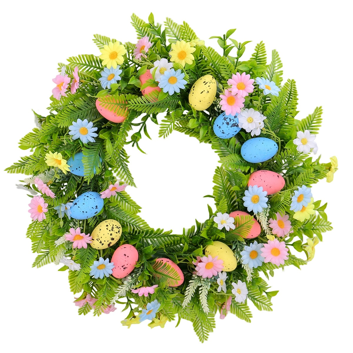 봄 테마의 이스터 리스 45cm, 달걀 장식과 베리, 유칼립투스 잎