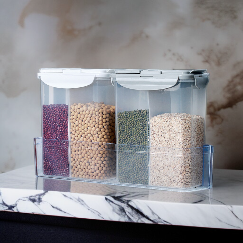 Plastic airtight storage containers for grains and cereals.