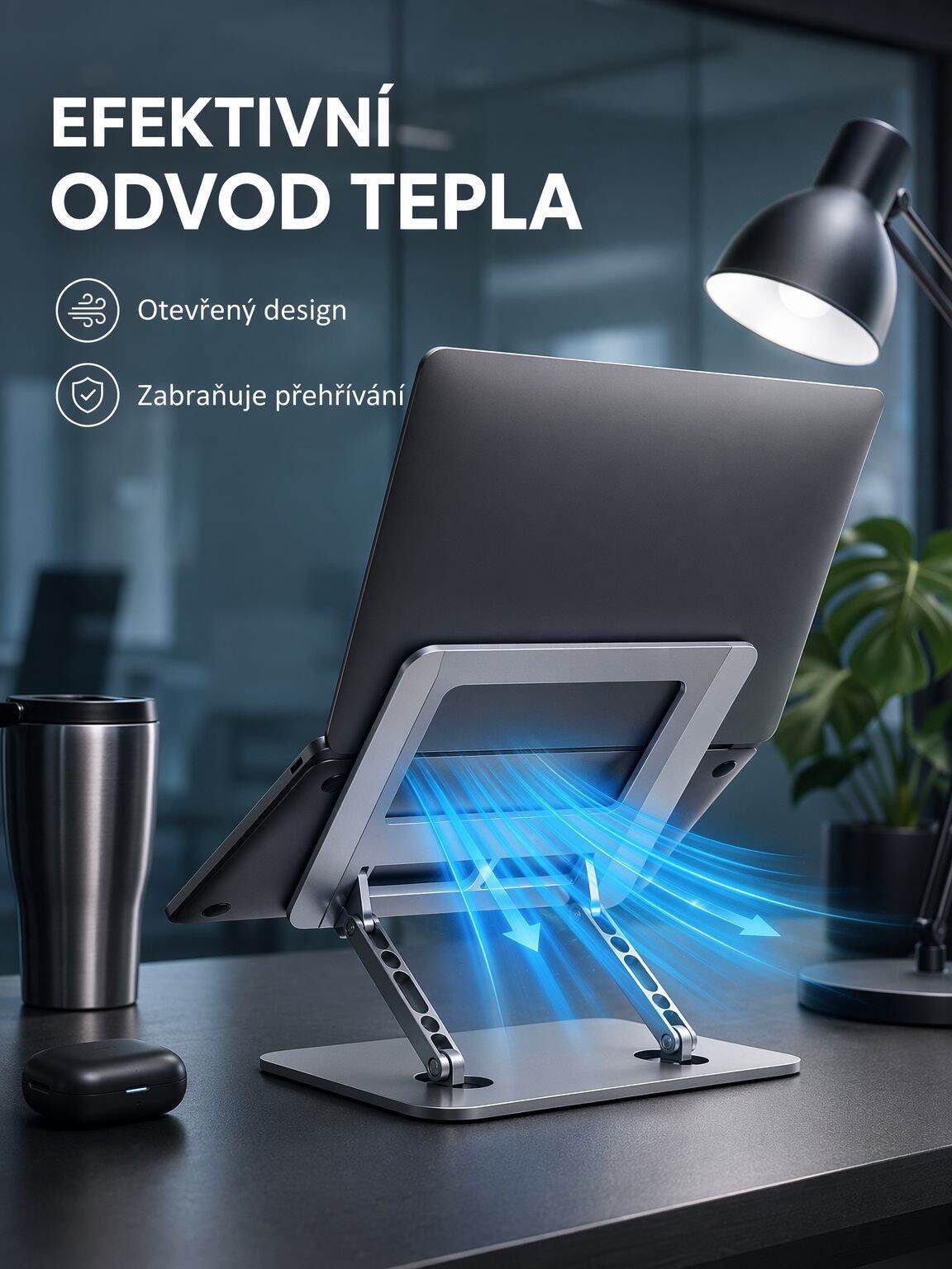 Přenosný kovový stojan na notebook s funkcí zvedání a chlazením