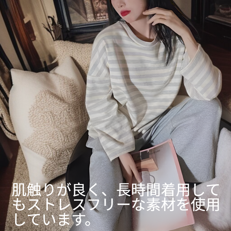 シンプル丸首長袖レディースルームウェアストライプセット
