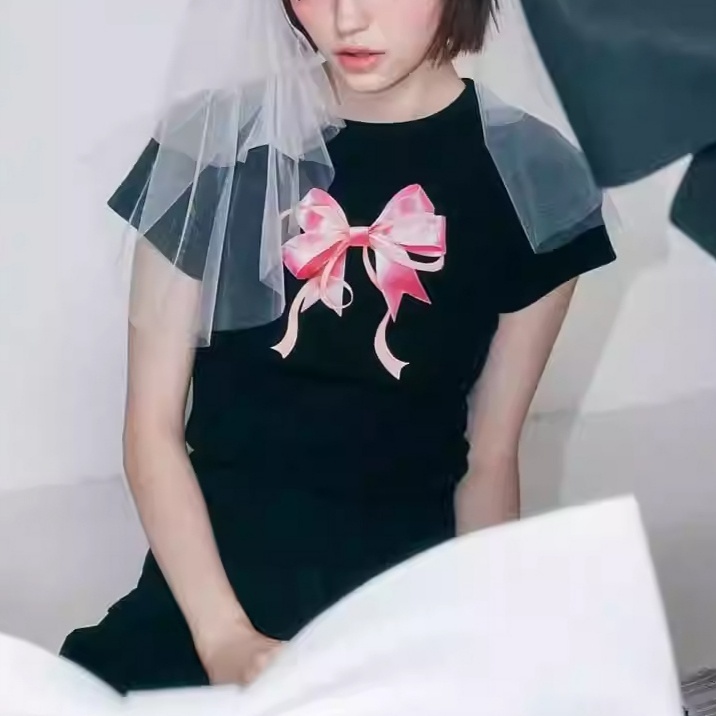 여름 리본 반팔 티셔츠 상큼한 크롭 상의