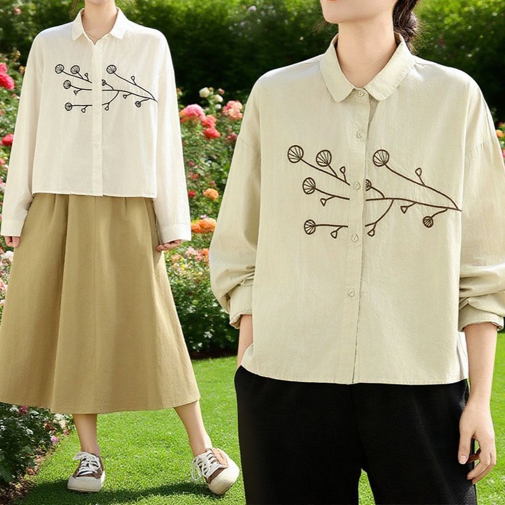 트렌디한 라지 자수 순면 긴팔 셔츠