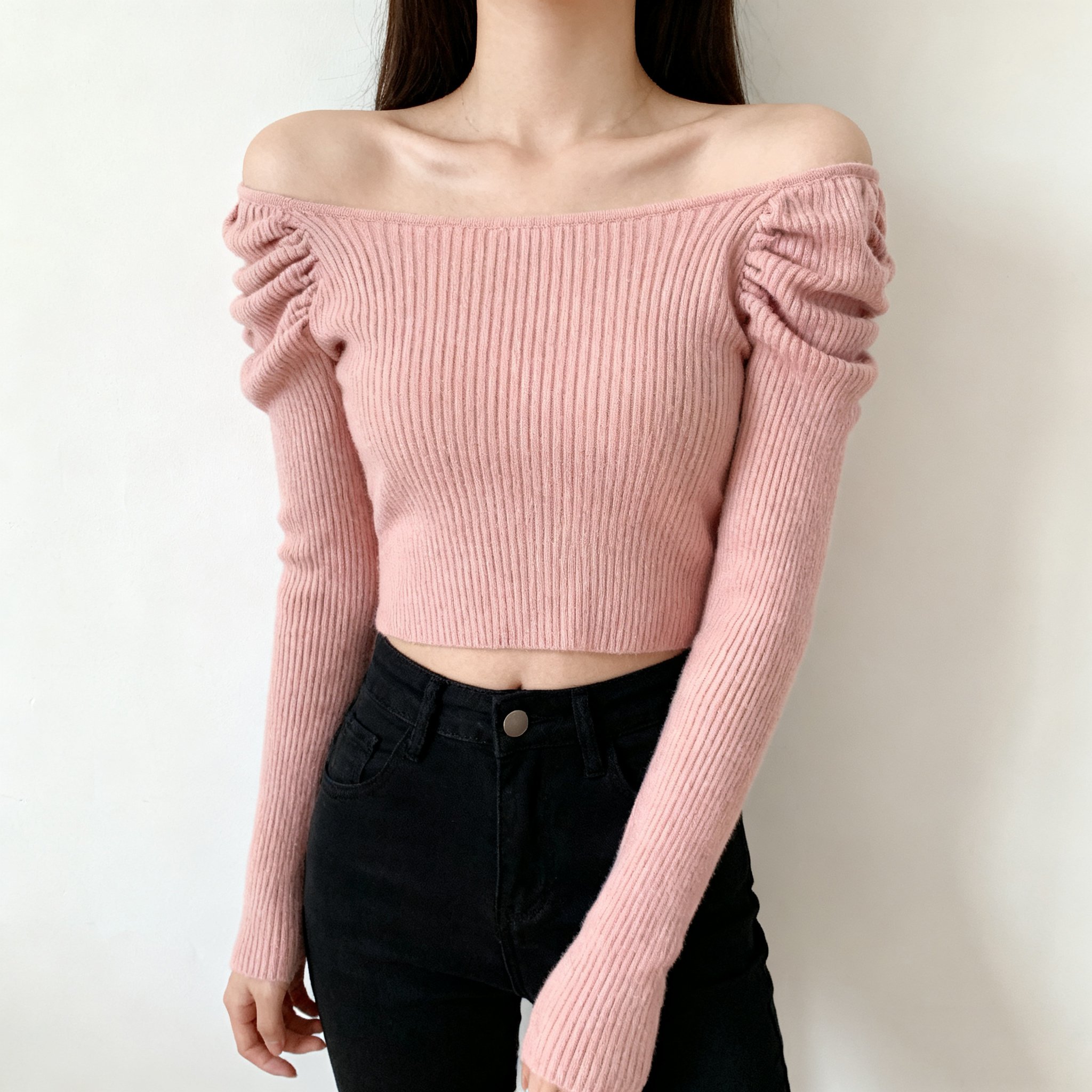 핑크 원숄더 니트 탑 착용 이미지