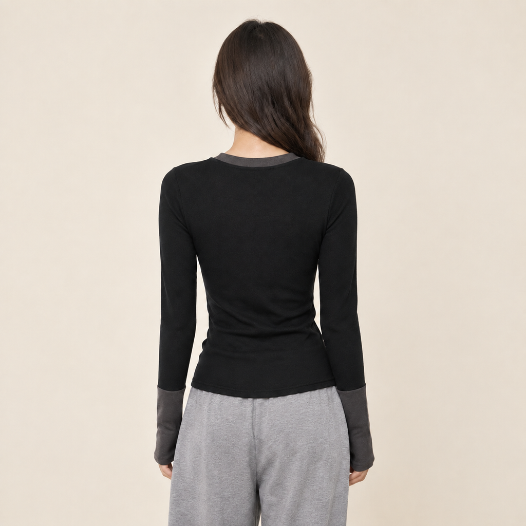 Camiseta interior de manga larga con botones en contraste para mujer, ideal para primavera y otoño