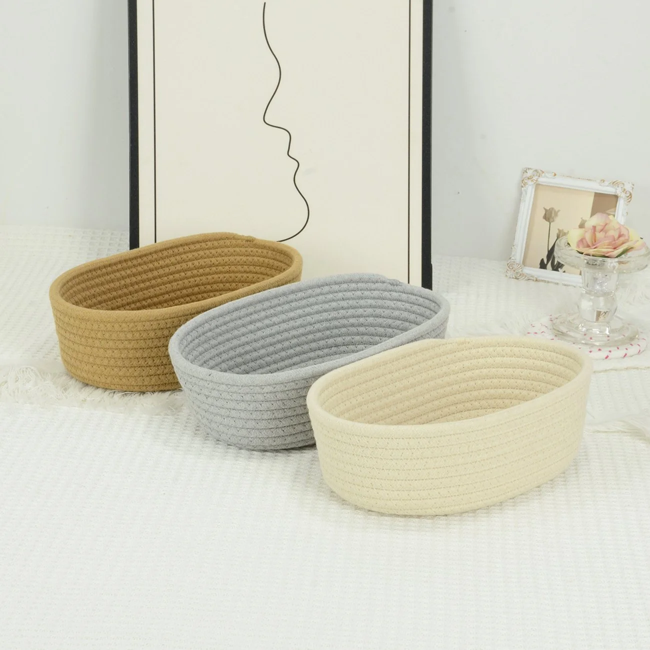 綿ロープ編み楕円形収納バスケット 家庭用お菓子・化粧品整理カゴ