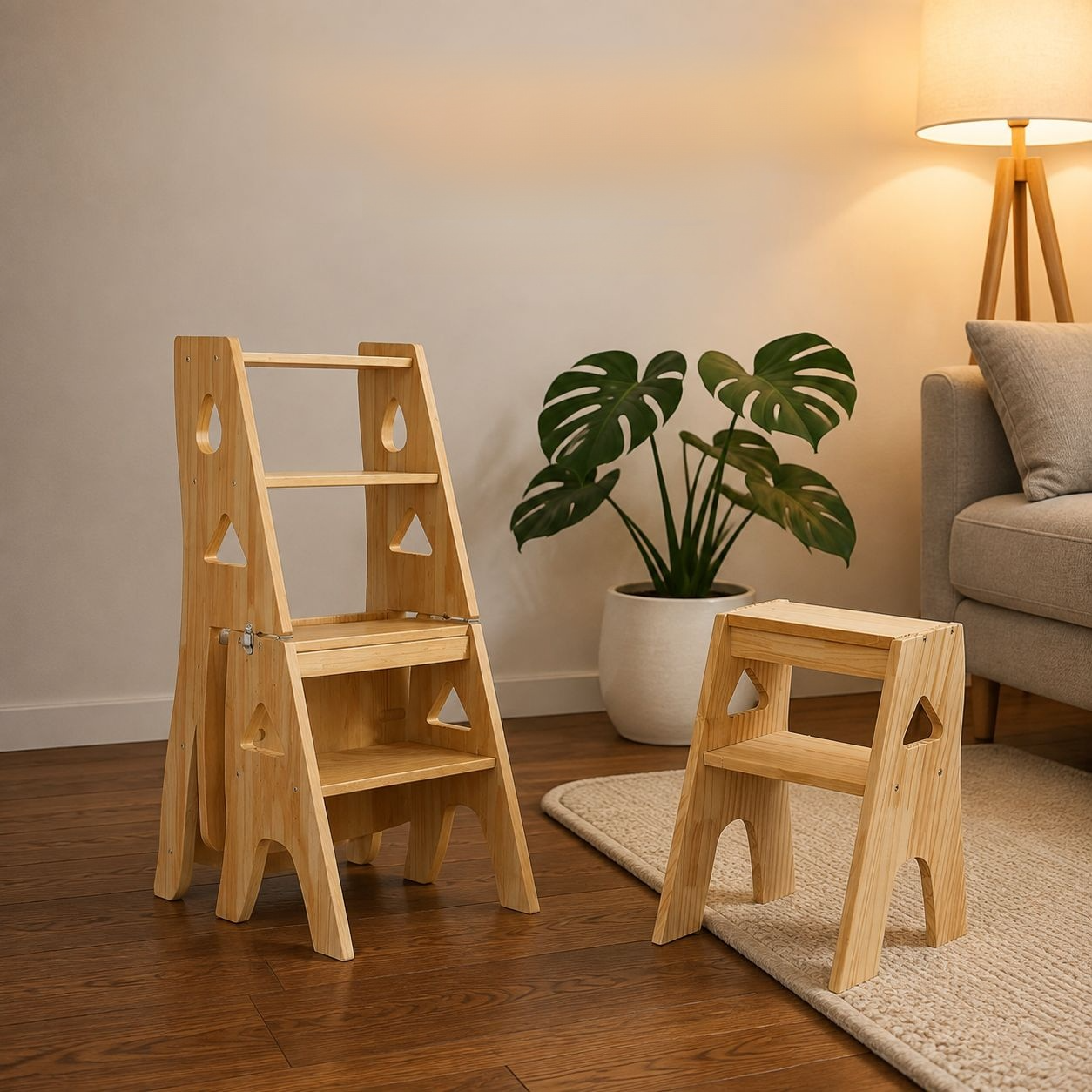 Vierstufiger Klappleiterhocker aus Holz