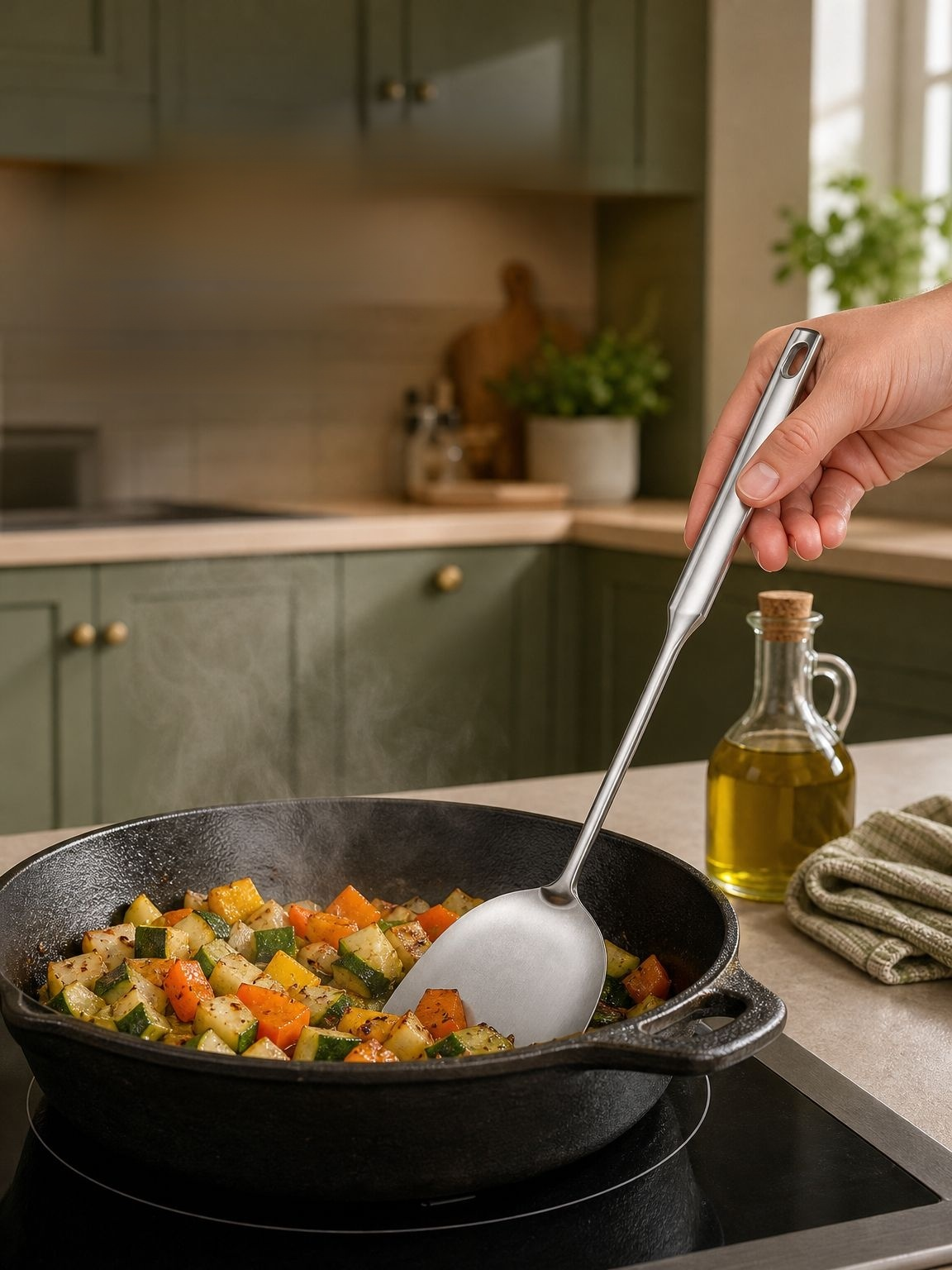 Sturdy stainless steel spatula designed for flipping and turning food