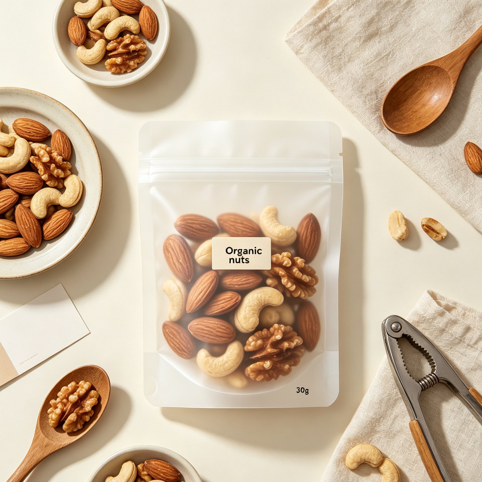 Assorted organic nuts in resealable bags