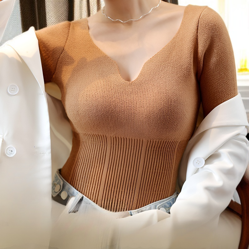 여성 기모 허리 조임 슬림 긴팔 니트 가슴 패드 이너