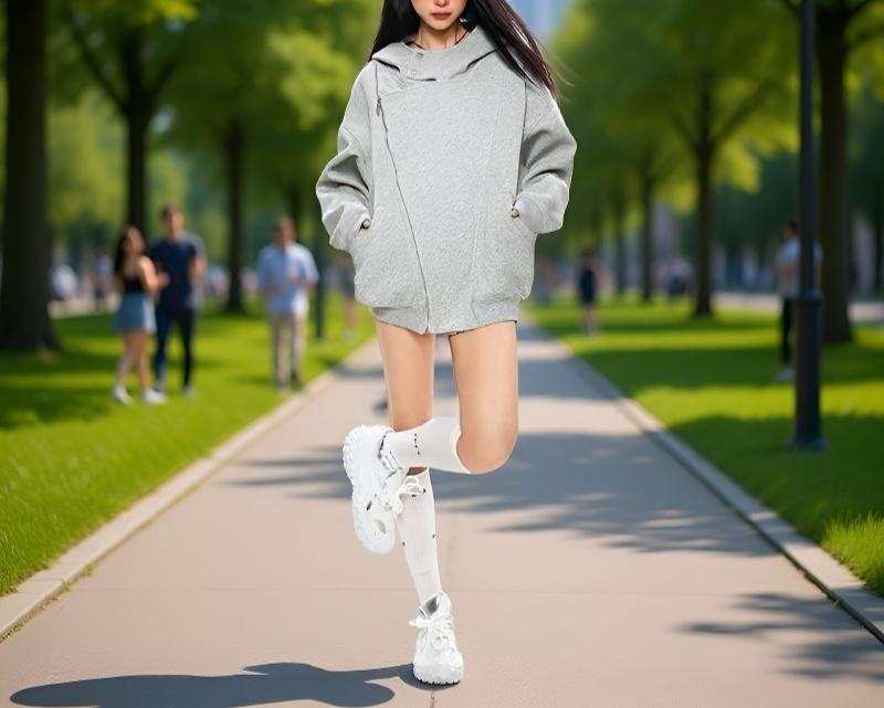 女性が着用したダブルファスナーパーカーの前面画像