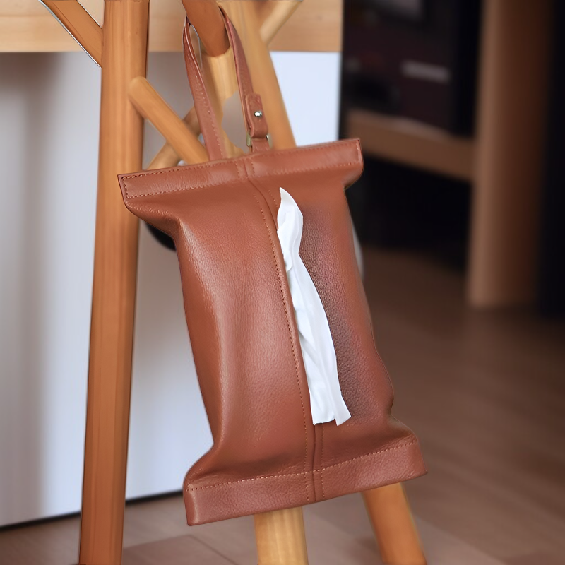 吊り下げ式ティッシュボックス/車用ティッシュディスペンサー。本革製で、耐熱性と耐日光性があり、シンプルなデザインで、省スペース、引き出しやすく、ほとんどのティッシュサイズに適しています。