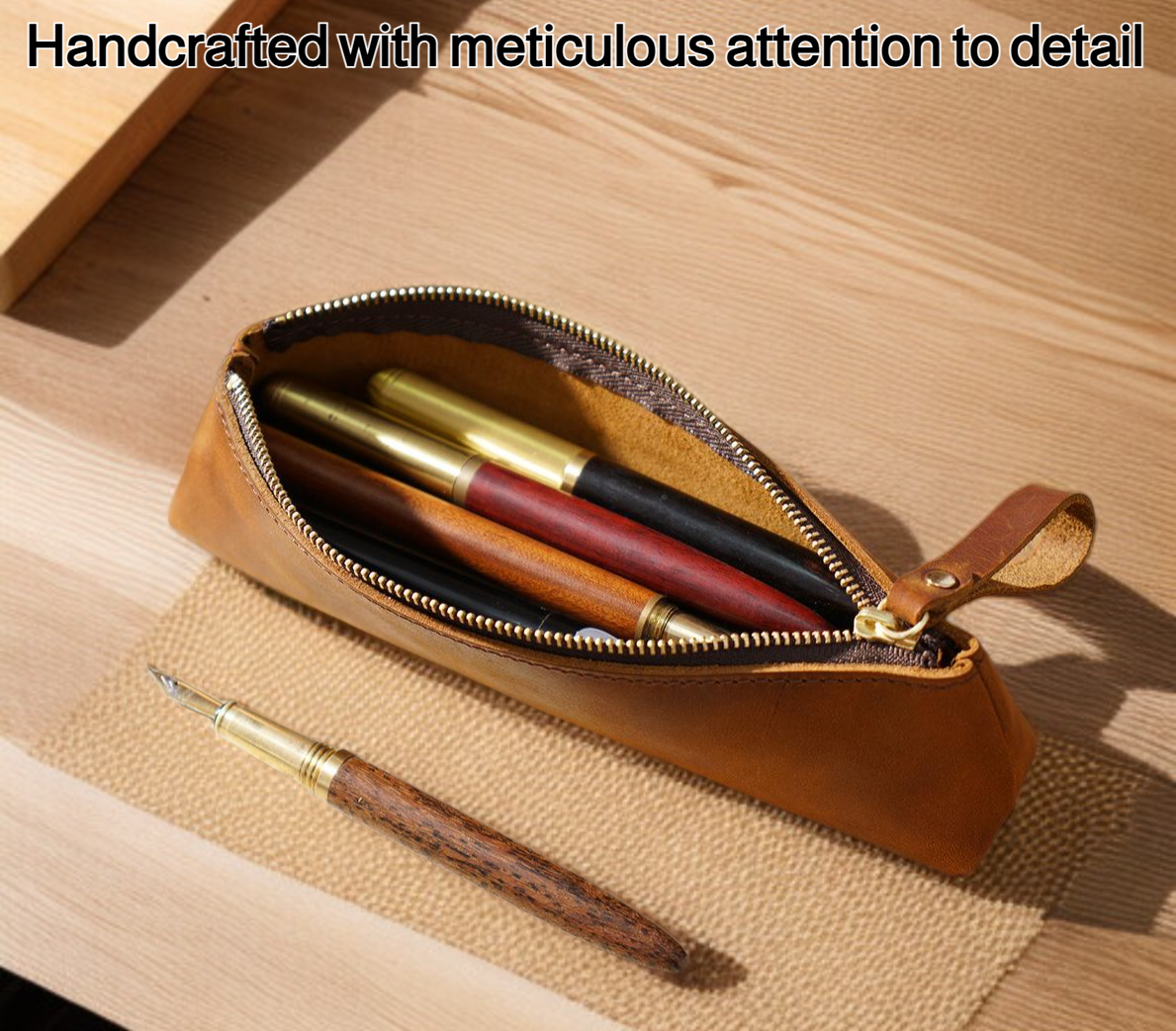 Vintage leather pencil case with zipper closure